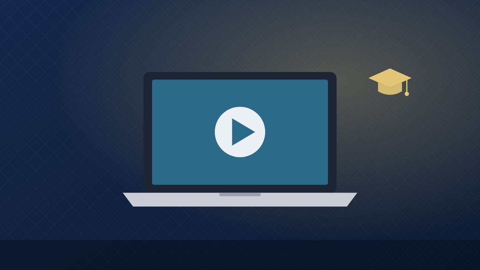 A laptop showing an online lecture with a graduation cap nearby