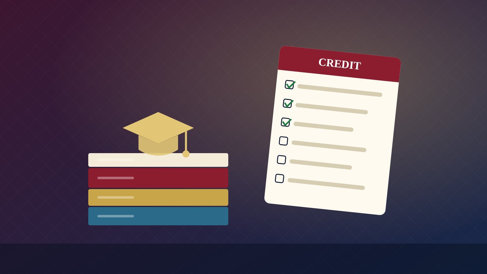 Books with a graduation cap beside a college credit checklist