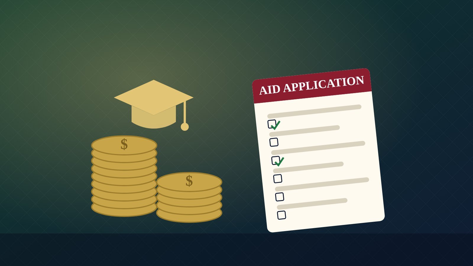 Stacks of gold coins, a graduation cap and a financial aid application checklist