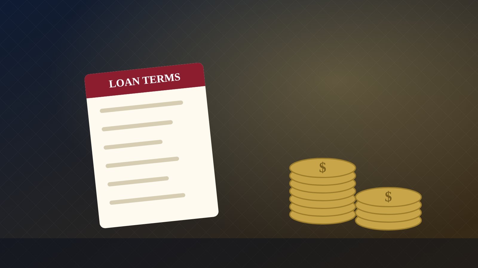 A loan terms document beside stacks of gold coins