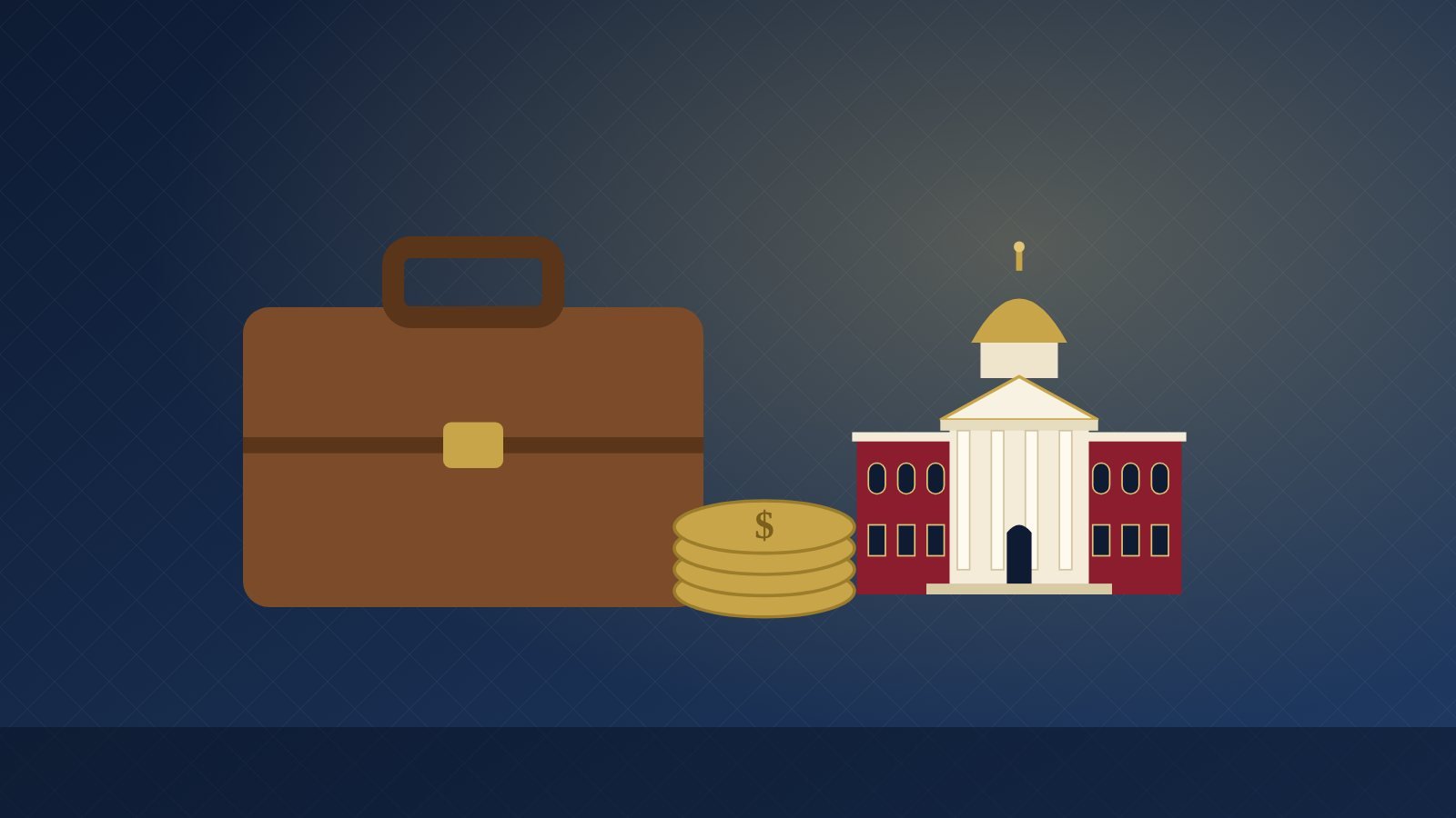 A briefcase and coins next to a campus building