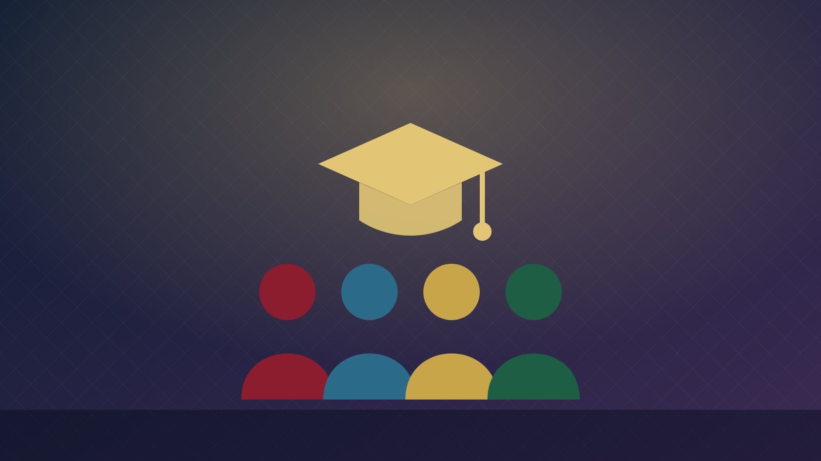 A graduation cap above a diverse group of students