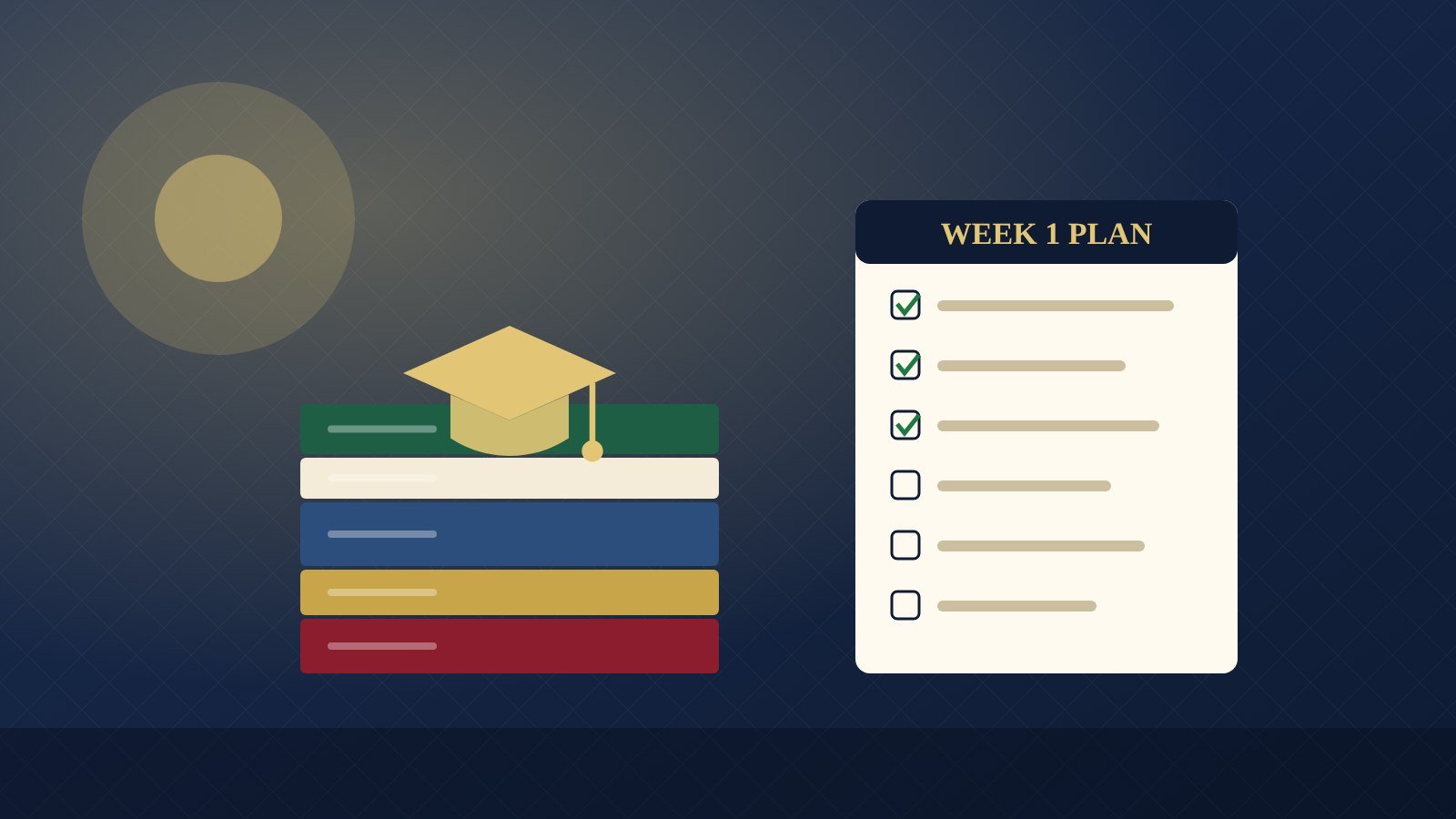 A stack of books with a graduation cap next to a weekly study plan checklist