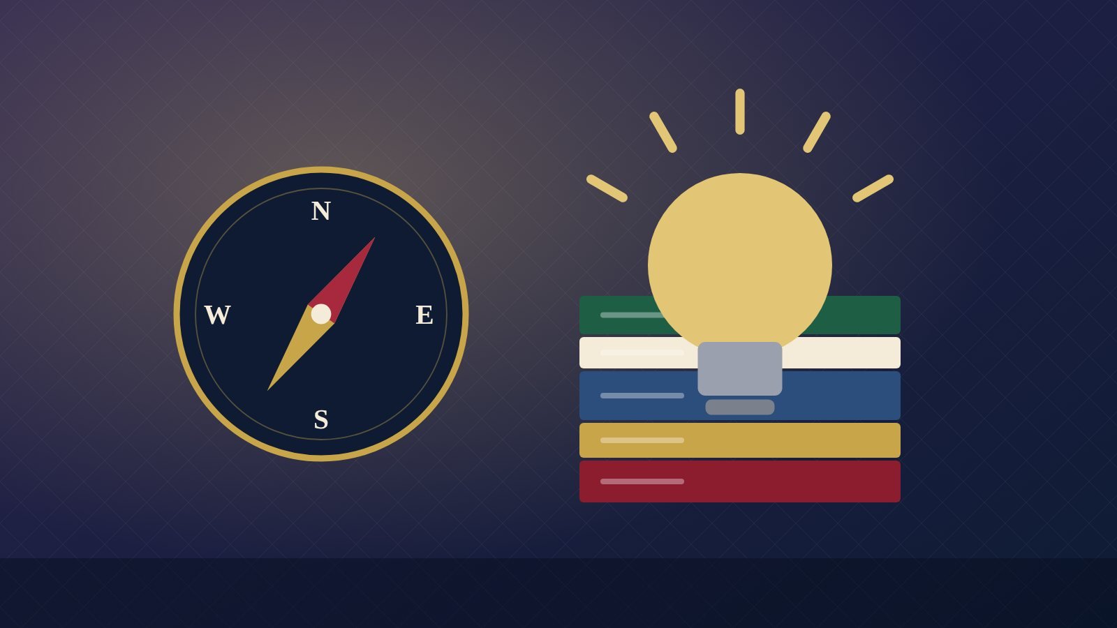 A compass, lightbulb and stack of books representing choosing a major