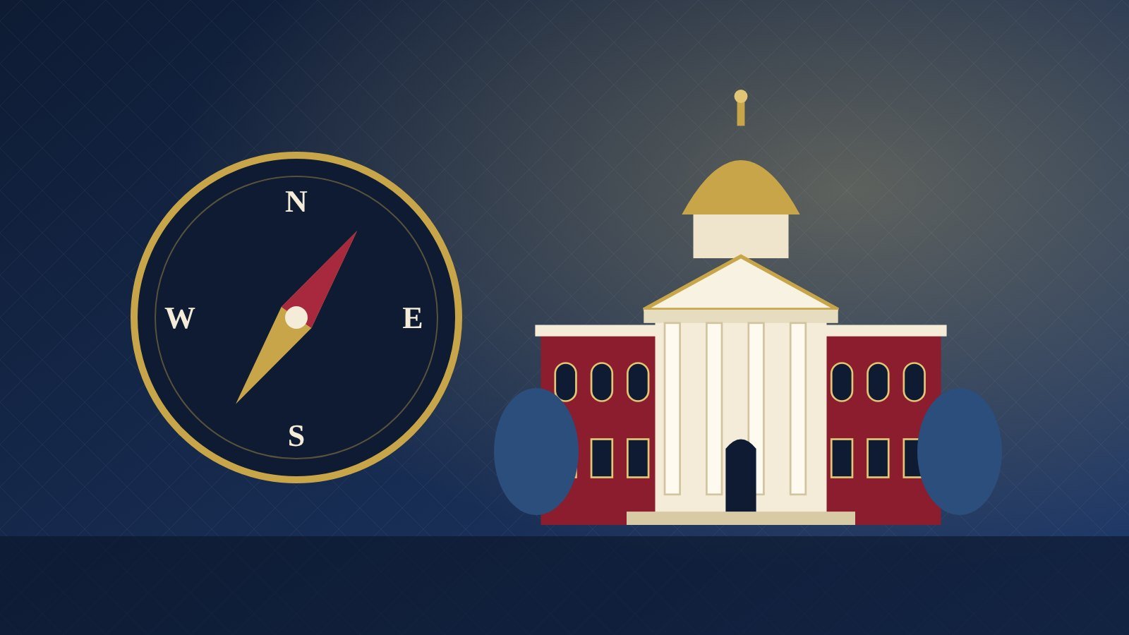 A compass and a classic university hall illustrating how to choose a college