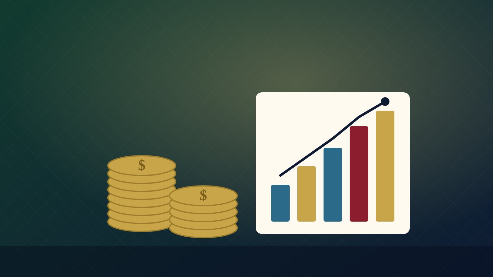 Stacks of coins next to a rising bar chart