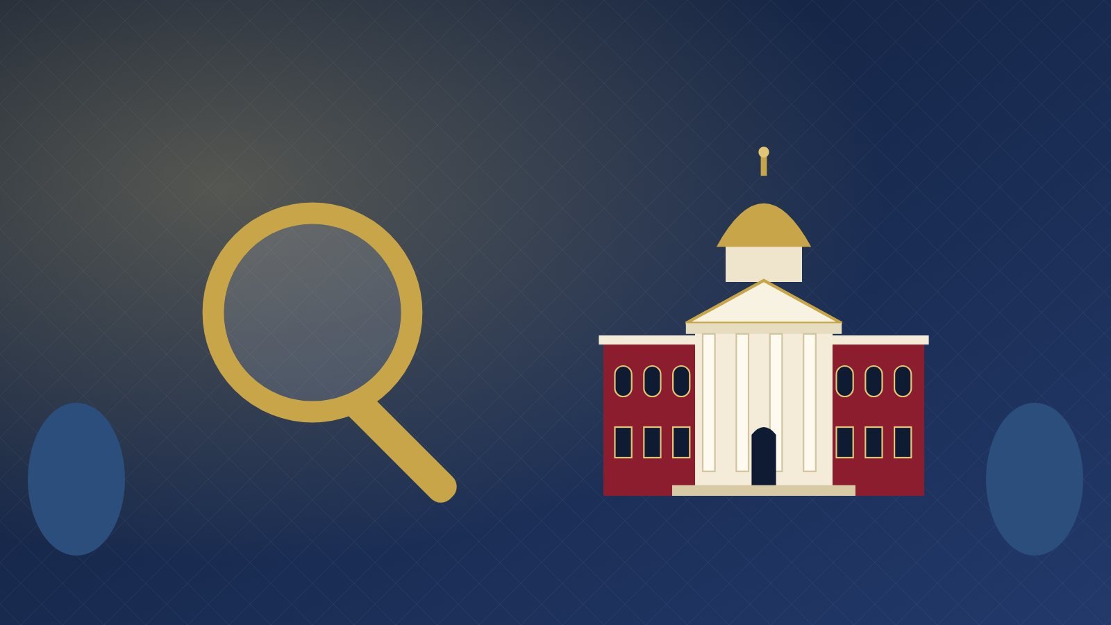 A magnifying glass next to a university building