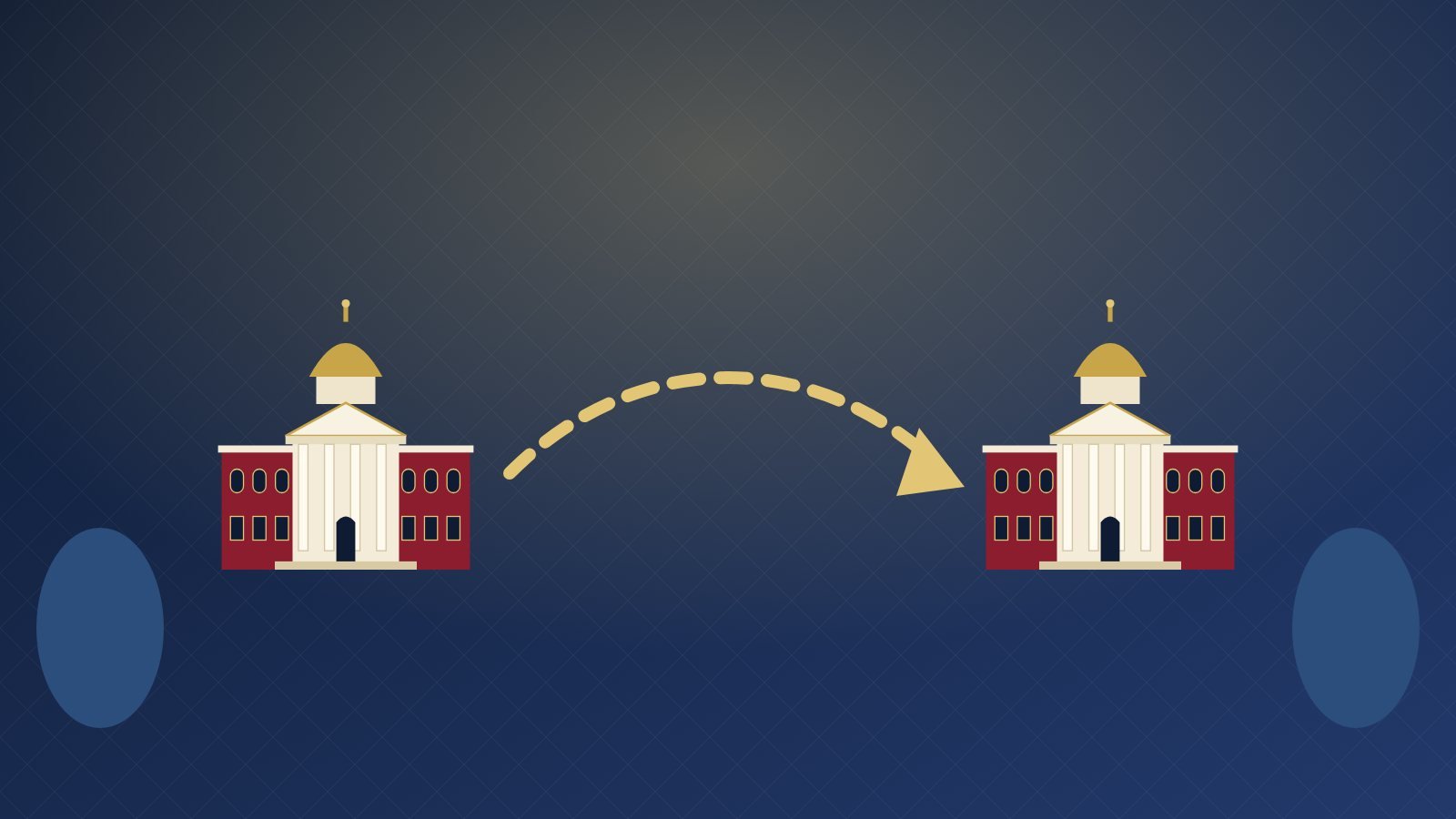 An arrow moving from one university building to another