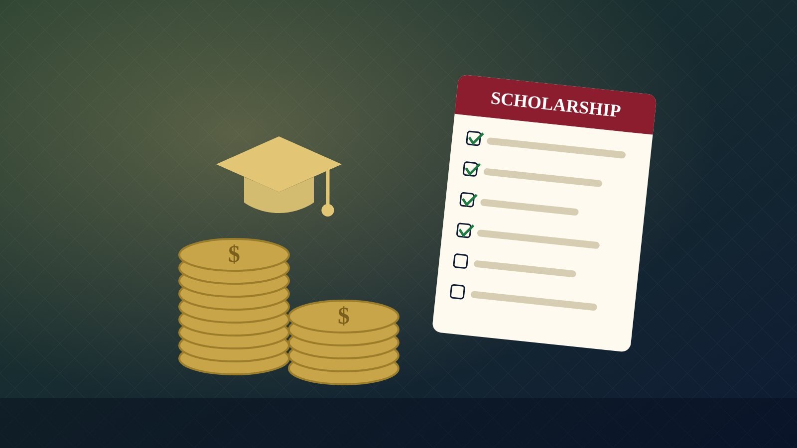 Stacks of coins, a graduation cap and a scholarship checklist