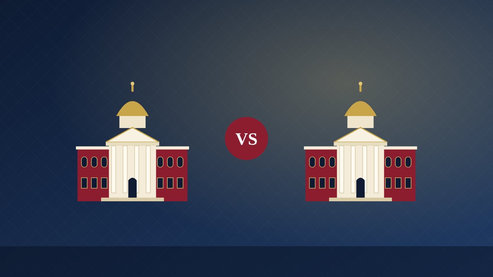 Two university buildings facing each other with a VS sign