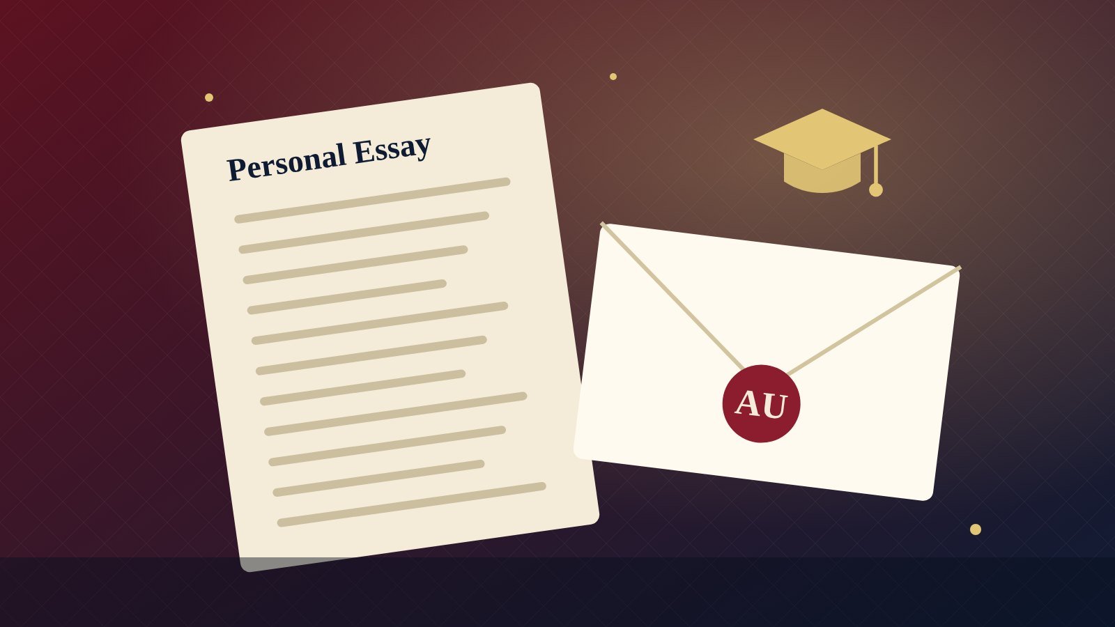 A personal essay page beside a sealed college admissions envelope